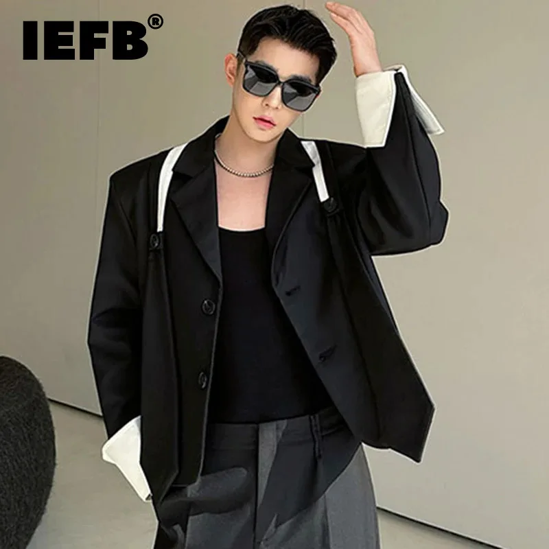 

IEFB Male Suit Jackets Personality Contrast Color Tie Decoration Turn-down Collar Men's Blazers Niche Design Spring New 9C4772