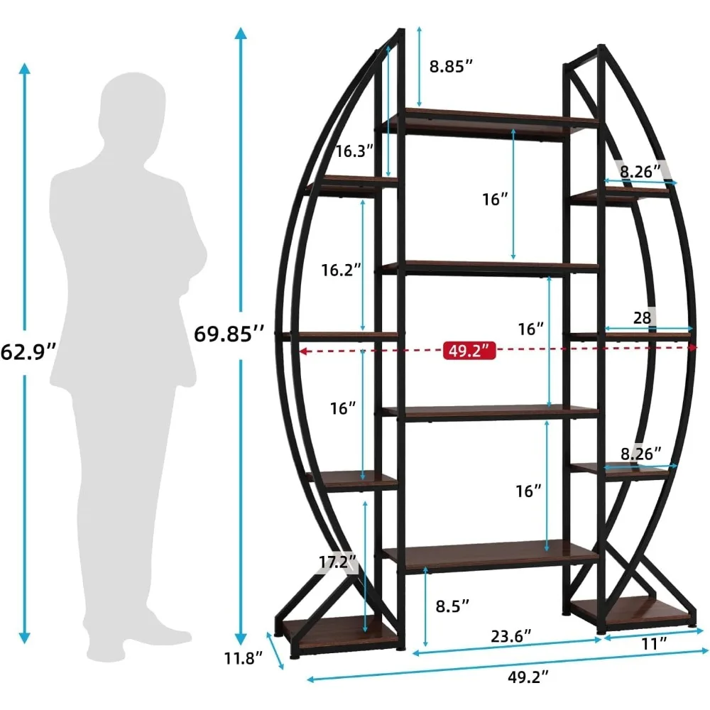 Large Oval Bookshelf, 70“ Tall Open 5 Tier Industrial Bookcases, Modern Etagere Bookcase Furniture, Wall Units for Living Room, 3