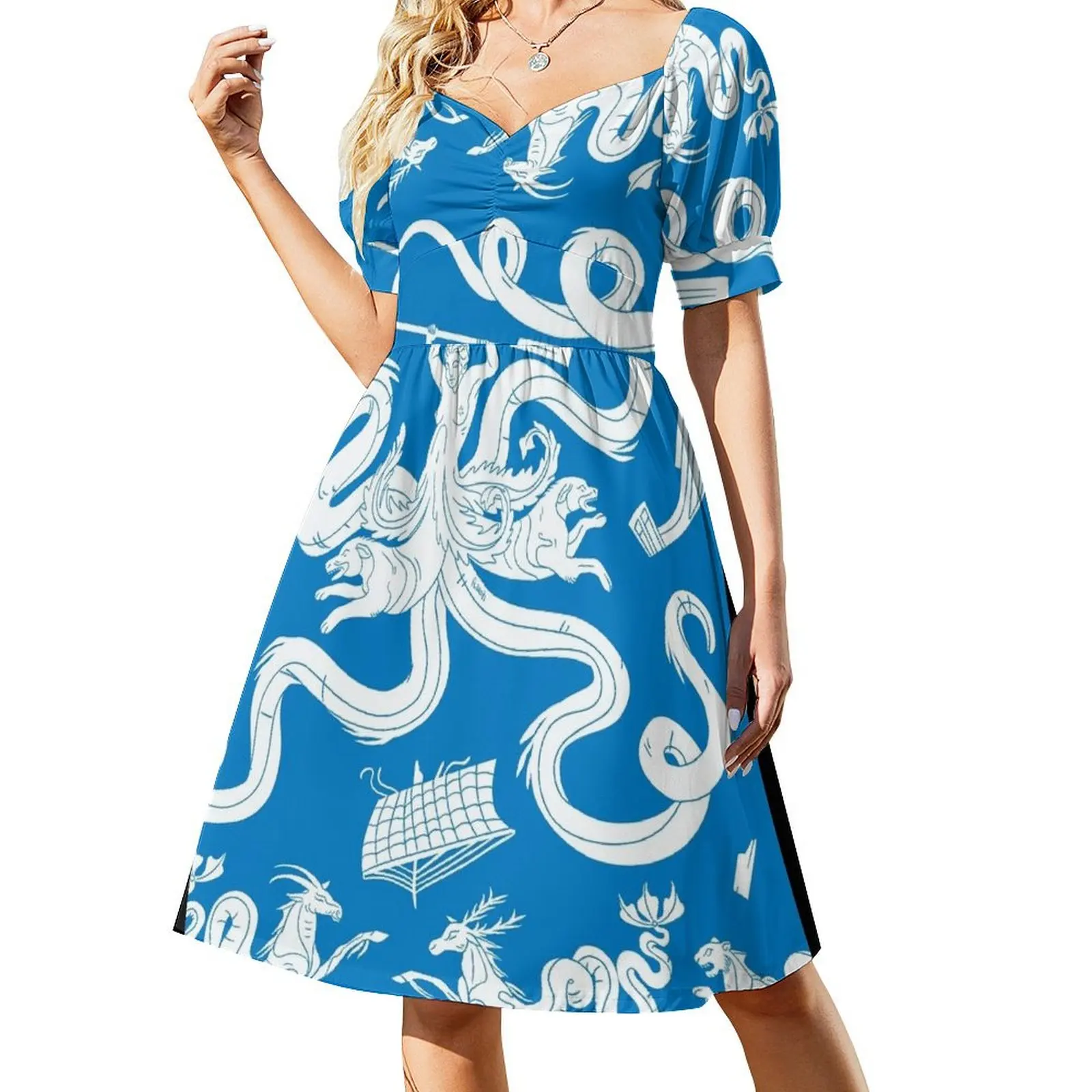 thumbnail image 1 of Mosaico de Escila - Vestido azul de manga corta, vestido vendaje, vestido de mujer, 1 of 8