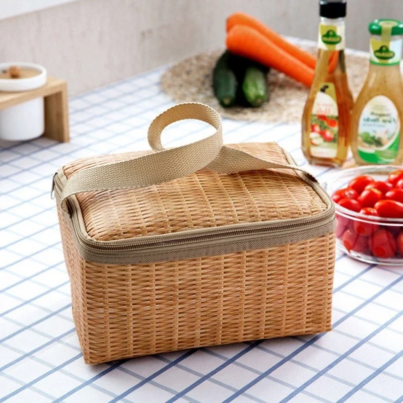 PortableI mitation rattan Outdoor Picnic Bag Waterproof Tableware Insulated Thermal Cooler Food bag for Camping Picnic