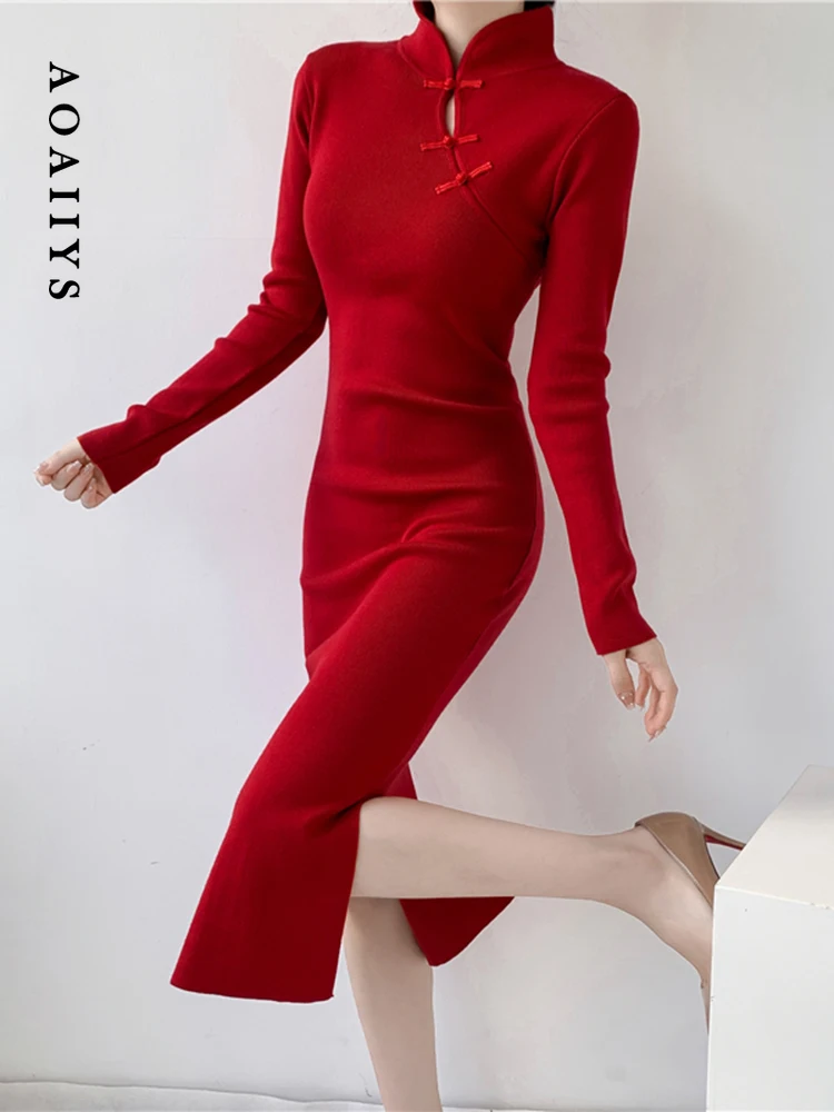 

Aoaiiys Dresses for Women Dress 2023 Autumn Winter Chic Slit Slim Knitted Mid-Calf Dress Stand Collar Solid High Waisted Dresses