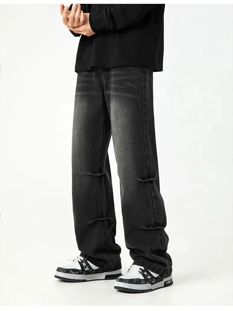 American Retro Washed Jeans Men's Leg Pleated Micro-Large Pants Casual Loose Straight Pants Soft Styles