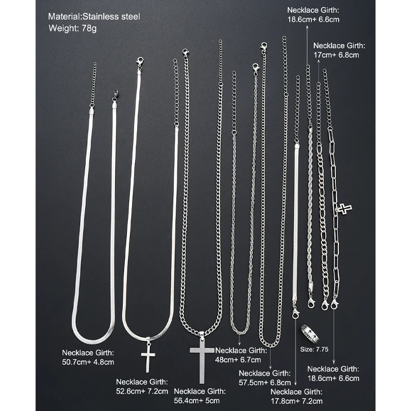 10 Pcs Casual Street Punk Stainless Steel Hollow Cross Pendant Necklace Bracelet Ring Fashion Jewelry Set For Men Women Gift New