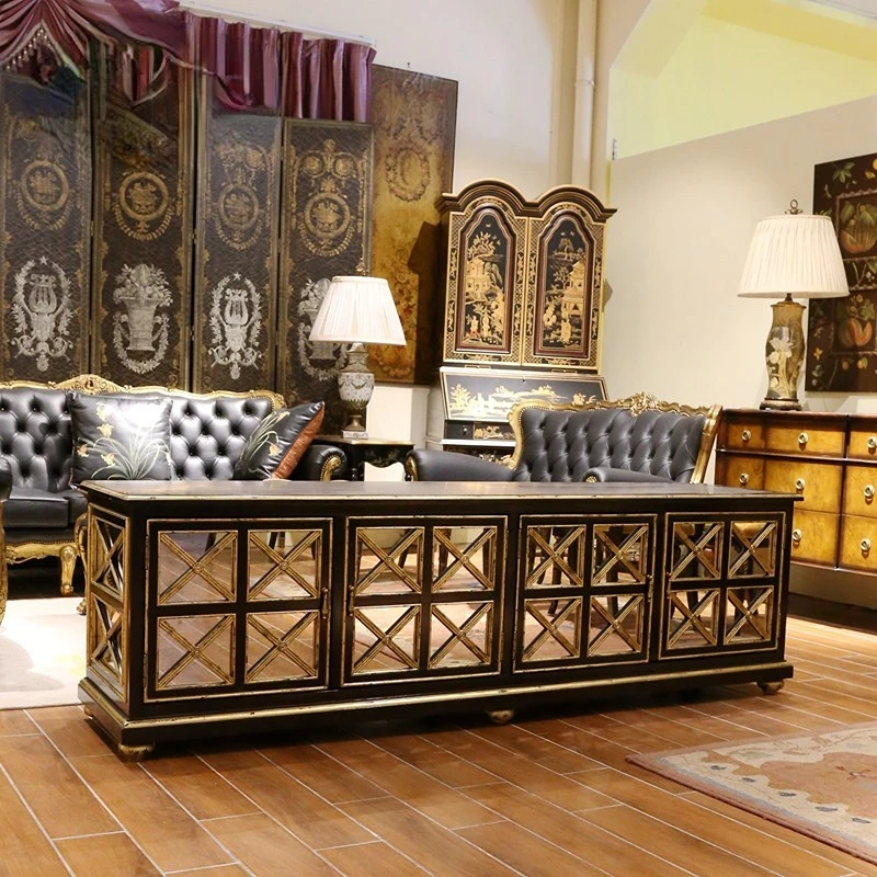 

Luxurious new Chinese style four-door floor cabinet with imitation mirror wood color paste gold foil 2.2 meter TV cabinet villa