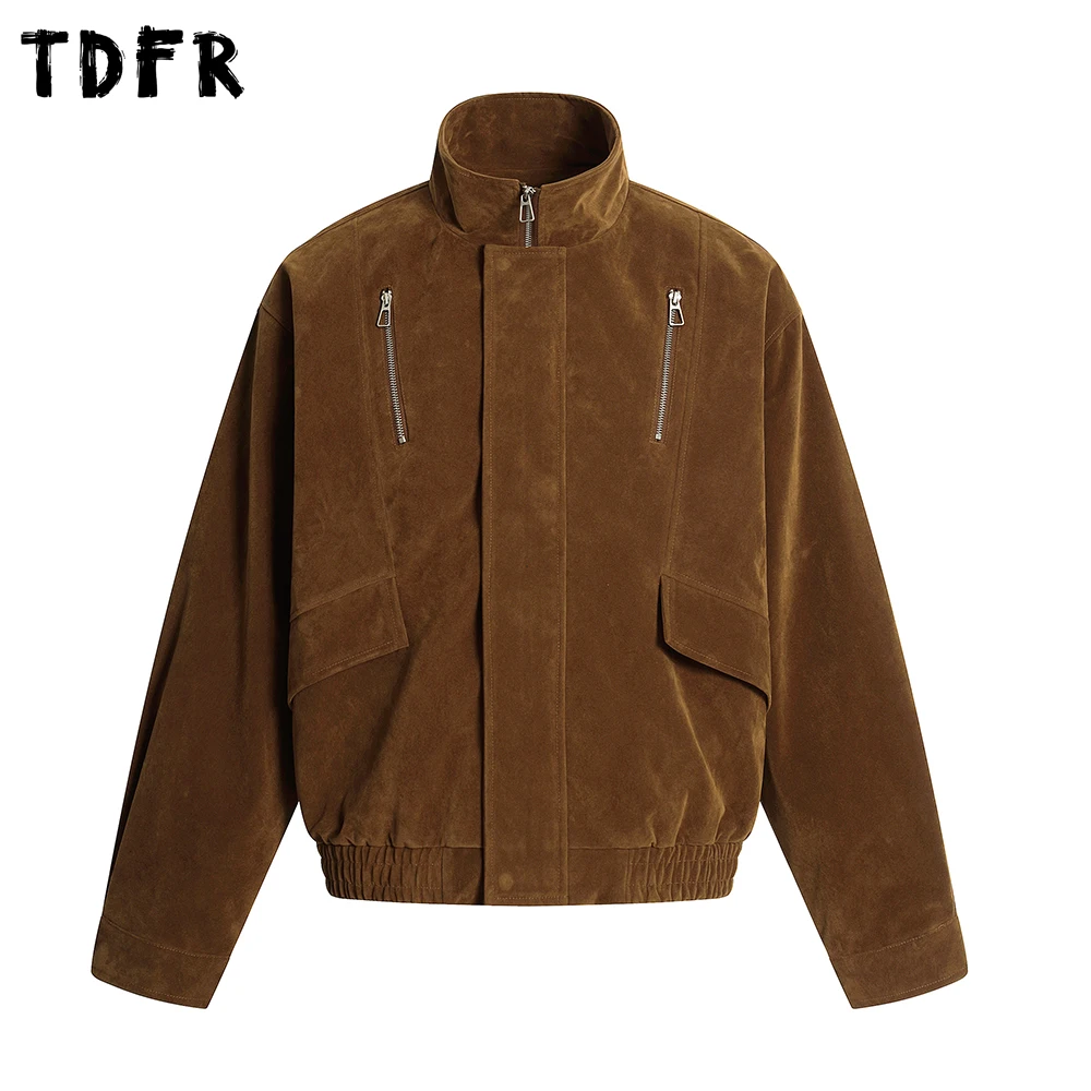 Solid Color Suede Cargo Jacket Mens Retro Casual Autumn Loose Stand Collar Long Sleeve Outerwear Man
