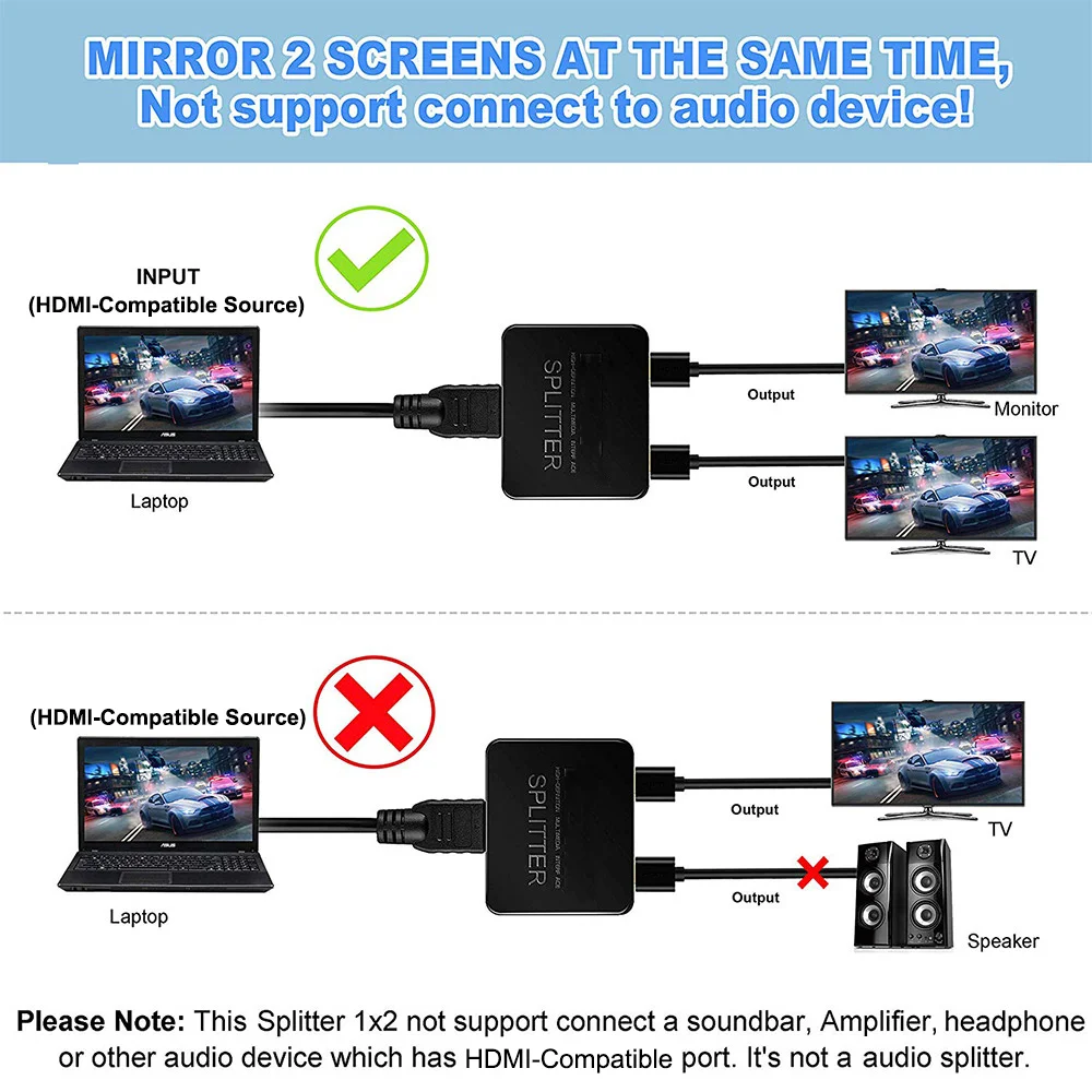 4K HDMI Splitter Switch 1x2 Video Distributor 1 in 2 out 1080P Dual Display