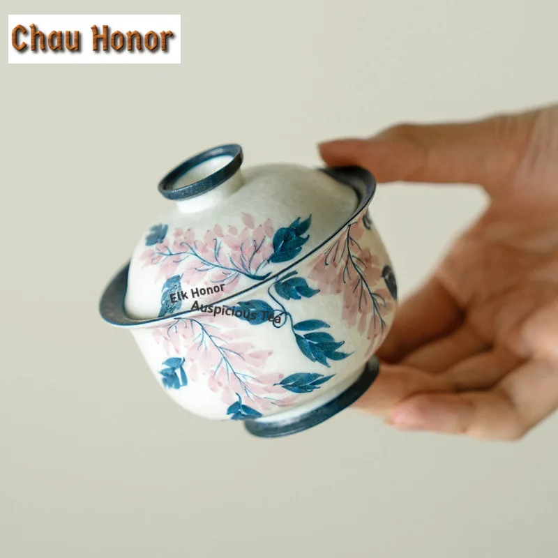 100ml Hand-painted Wisteria Flower Gaiwan Boutique Tea Tureen Tea Bowl with Lid Kit Tea Maker Cover Bowl Tea Items Decoration