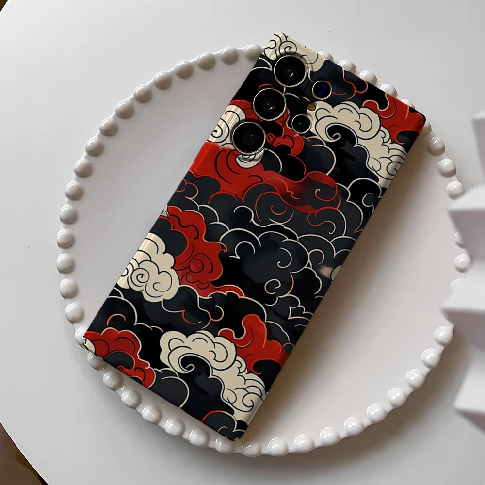 Elegant Red & Black Ukiyo-e Cloud Design Shockproof Phone Case - Double Layer Protection