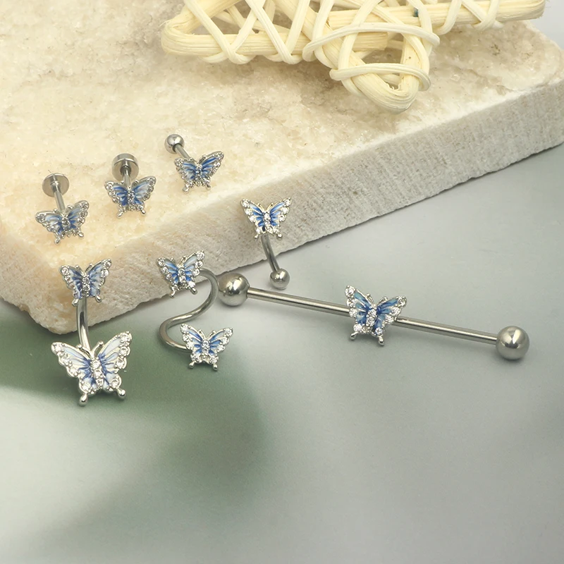 Wholesales Butterfly Navel Belly Button Rings Nose Piercing Industrial Barbell Eyebrow Cartialge Stud Twist Lip piercing Earring