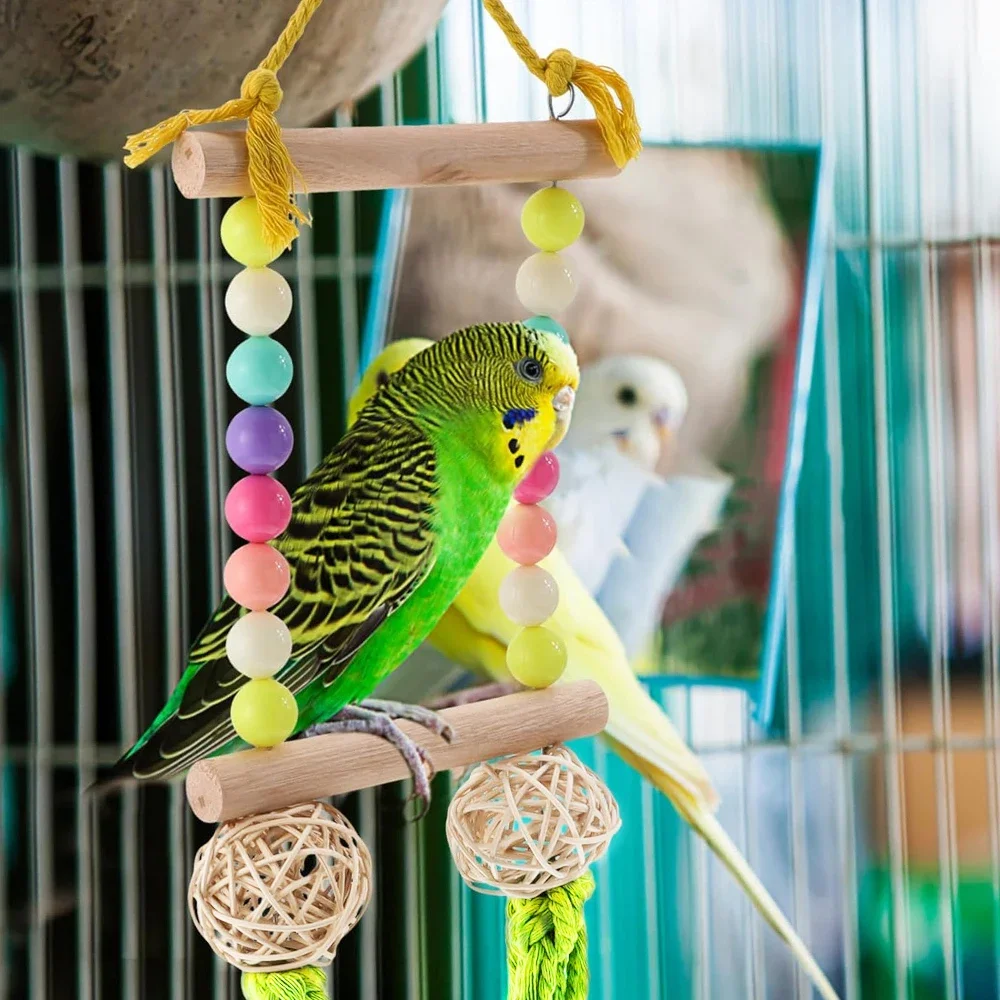 Random Color 1pc Beaded Solid Wood Bird Swing Toy with Bell Perch Claw Care Stand Toy for Parrot BirdCage Decorative Accessories