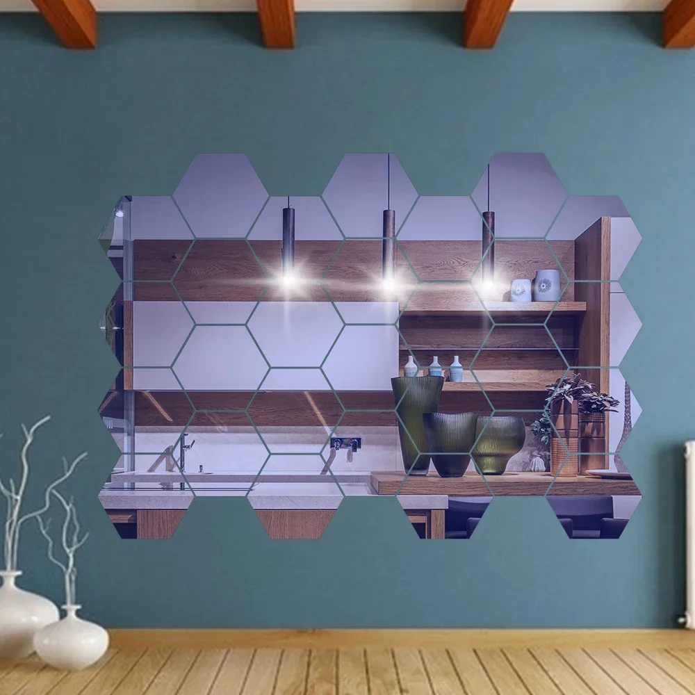 1/100x Hexagon Mirror Stickers Self-adhesive Mini Mirror Solid Paster Home Bedroom Art Decoration Gold Silver Red Black Decals Mirror Wall Sticker Wall Sticker