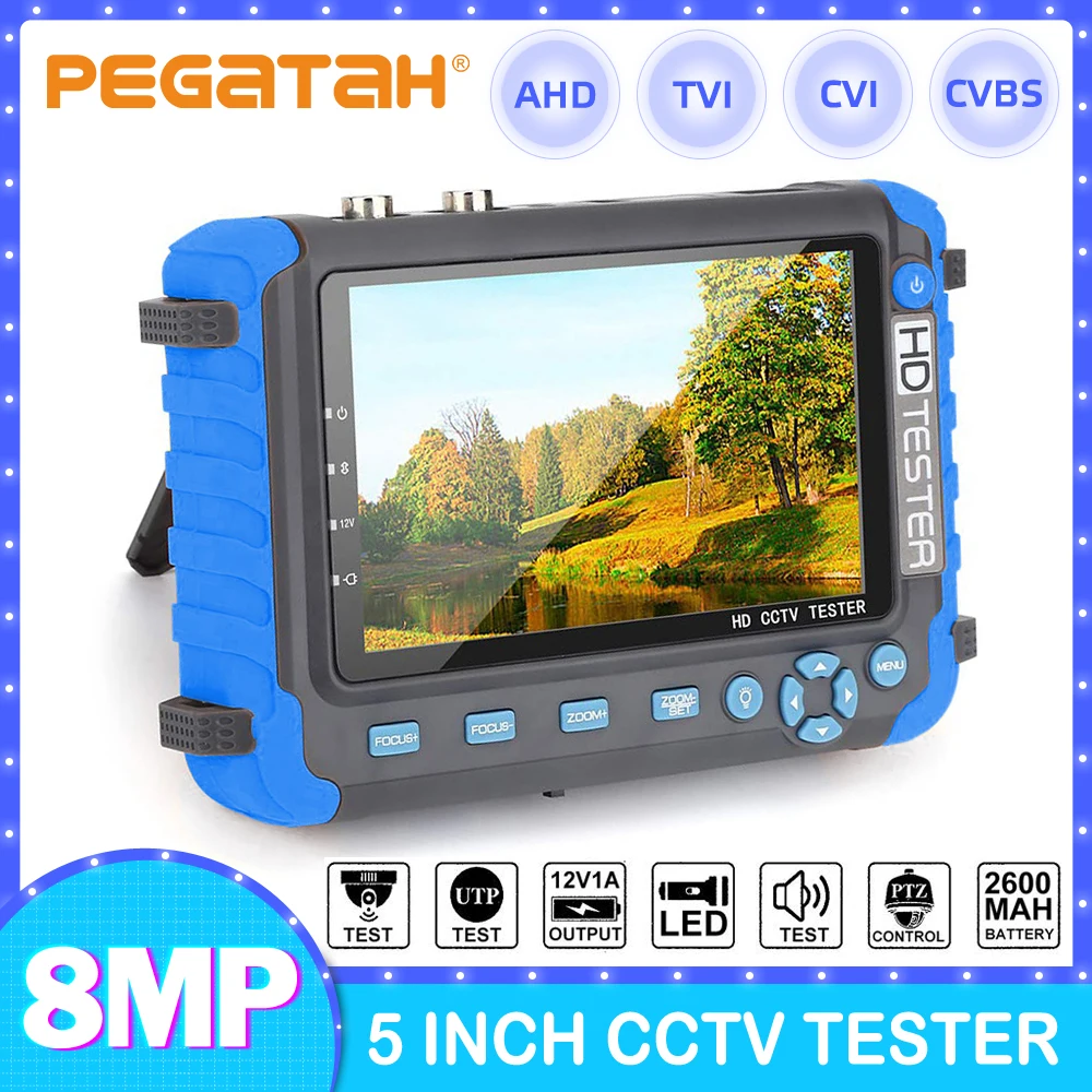 PEGATAH 8MP 4K CCTV Tester Security Camera 5 Inch TFT LCD Monitor for 4 IN 1 TVI AHD CVI Analog Security Cam