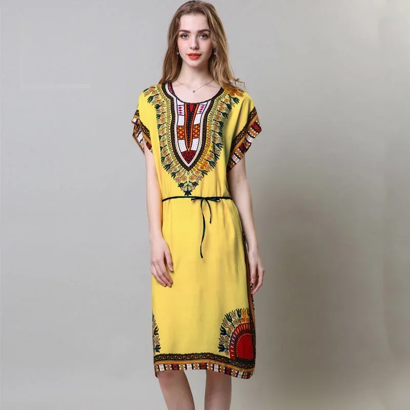 

Woman Summer Dress Bohemian Printed Street Wear Batwing Sleeve Loose Tunic Casual Elegant Ethnic Style Retro Floral Round Neck