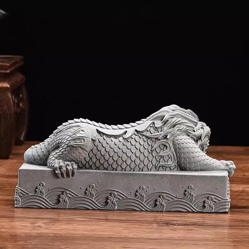 Chinese Mascot Pan Dragon Pillar Decorative Statue, Green Sand Stone Sculpture, Home Living Room and Office, Feng Shui Statue