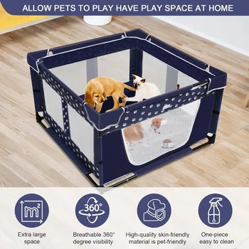 43.3x43.3 Inch Large Dog Play Pen for Small Pets with Zipper Gate, Thickened Oxford Fabric Dog Fence Indoor & Outdoor 2