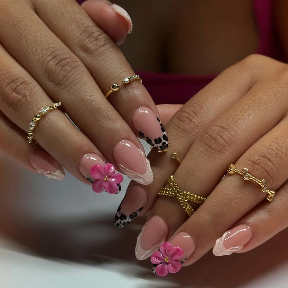 24PCS Pink Almond Press-On Nails with 3D Floral Design and Golden Pearl Accent
