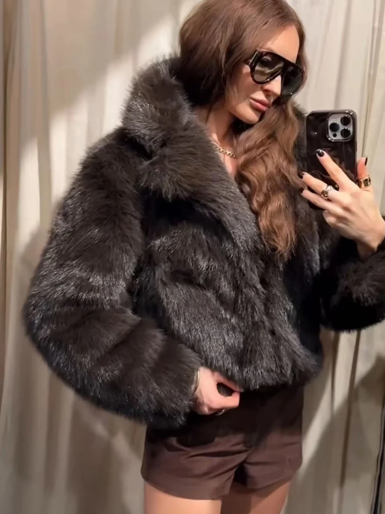 Winter Women Lapel Furry Faux Fur Coats Short Style Elegant Turn-down Collar Long Sleeve Jacket New Fashion Lady Fur Outerwear