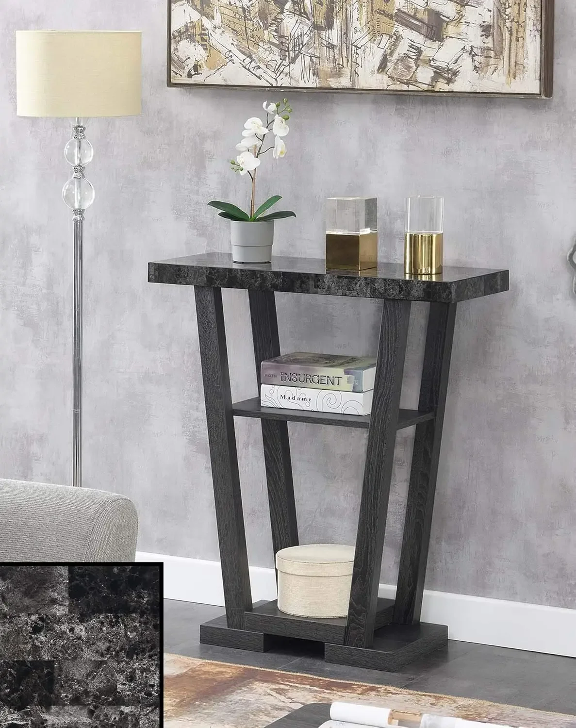 Newport V Console, Faux Black Marble/Weathered Gray 2