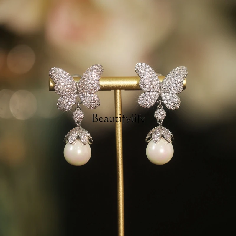 

French Style Vintage Court Style Butterfly Pearl Earrings Elegant Graceful Exaggerated Heavy Industry Ear Rings
