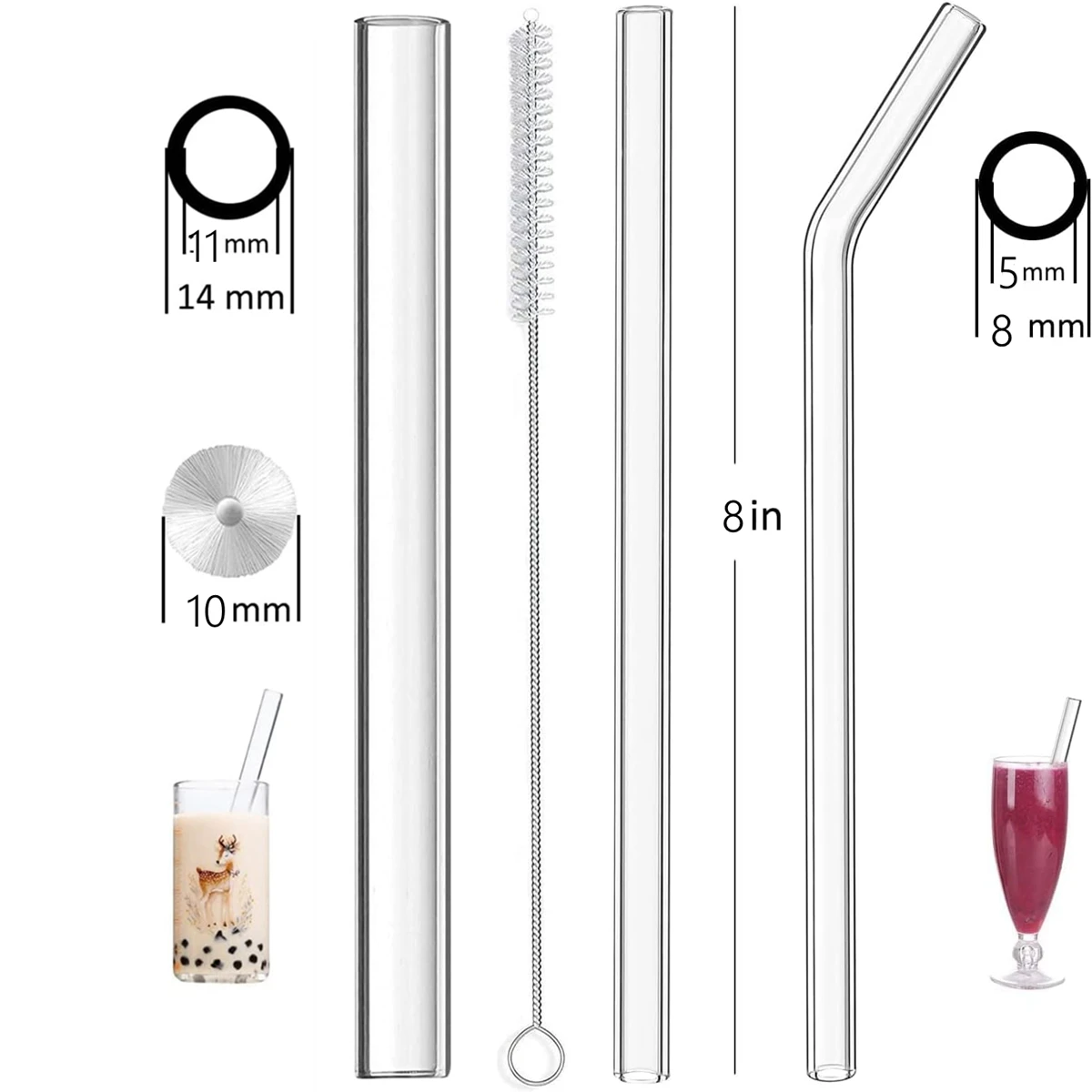 Reusable Glass Straws Set Large Clear Glass Boba Straws Wide Smoothie Drinking for Bubble Tea Milkshakes Popping Pearls