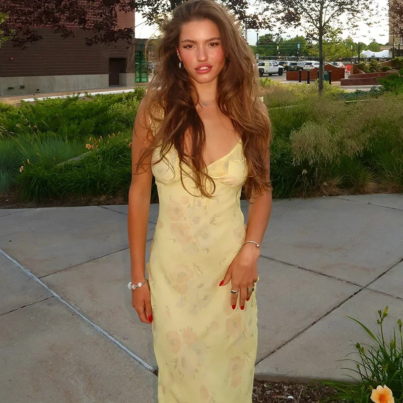 New Women's Lace Up Sexy Low Cut Spicy Girl Vacation Style Retro Printed Slim Fit Suspender Ruffle Edge Dress