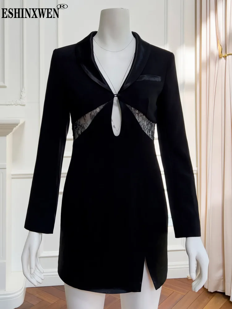 

Eshin Black V Neck Long Sleeve Hollor Out Patchwork Lace Dress For Women 2023 Autumn Fashion Female Y2k Clothing TH5817