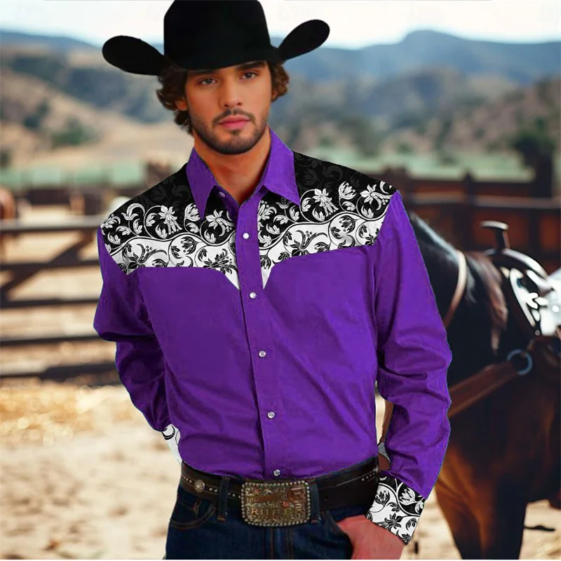 thumbnail image 1 of Camisa de hombre estilo occidental con estampado floral, para entrenamiento formal, boda, verano, primavera, manga larga, azul, tallas S-5XL, poliéster, talla europea 2024, 1 of 5