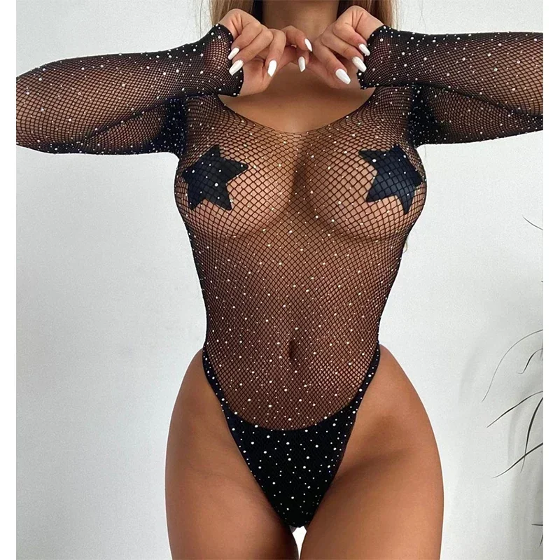 Heiße Erotische Mesh Fishnet Bodystockings Plus Größe Strass Bodys Frauen Sexy Dessous Porno Unterwäsche Sex Kostüm Mini Kleid 1