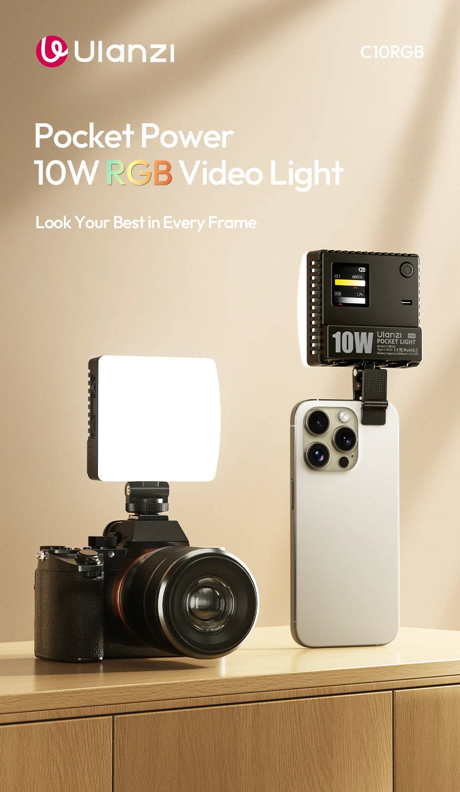 Pocket Power 10W RGB Video Light Fill Light for Smartphone Camera Laptop Tripod