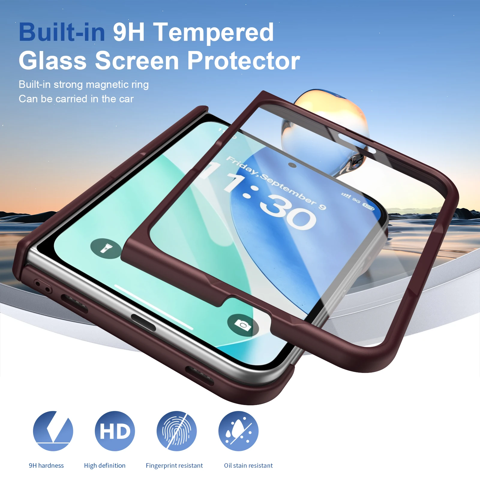 Magnetic Hard Back Phone Case with Hinge Protection and Tempered Glass Protector