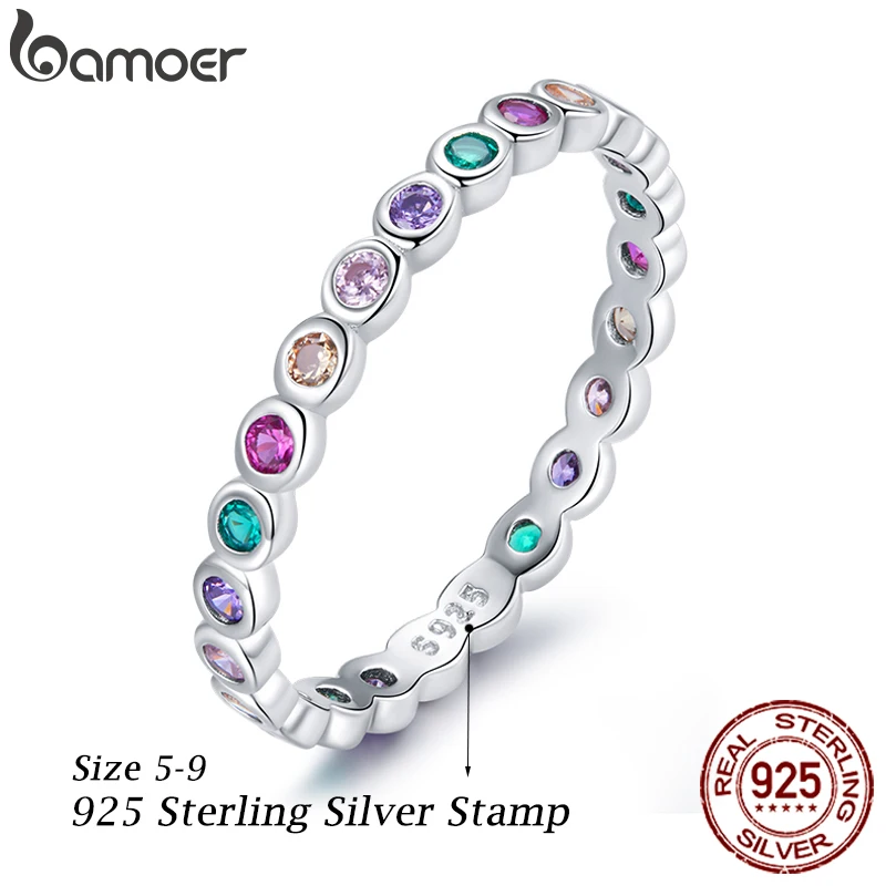 Silver Rings 925 Sterling Silver Rainbow Full Zircons for Women Trendy Dazzling Stackable Bezel Finger Ring Jewelry Gift