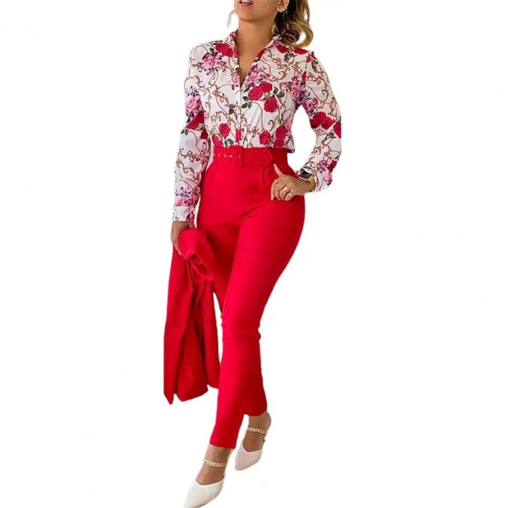 2 Pcs/Set Women Pants Suit Print Single-breasted Lady Long Sleeve