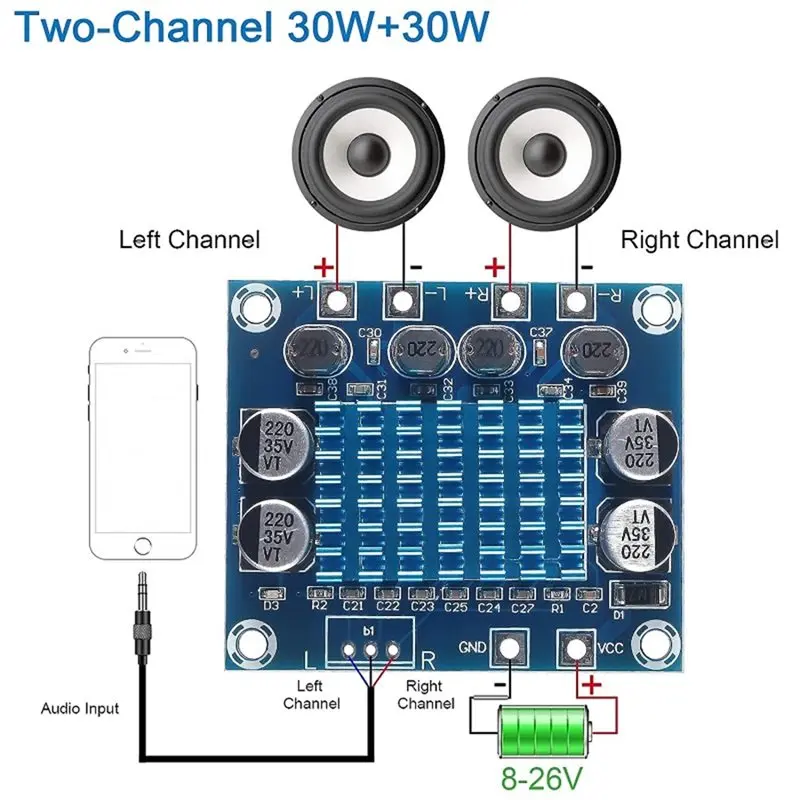 XH-A232 TPA3110 2.0 채널 30W+ 30W 디지털 스테레오 오디오 전력 증폭기 보드 모듈 8Pcs DC 8- 26V 3A 스피커 C6-001-A86G