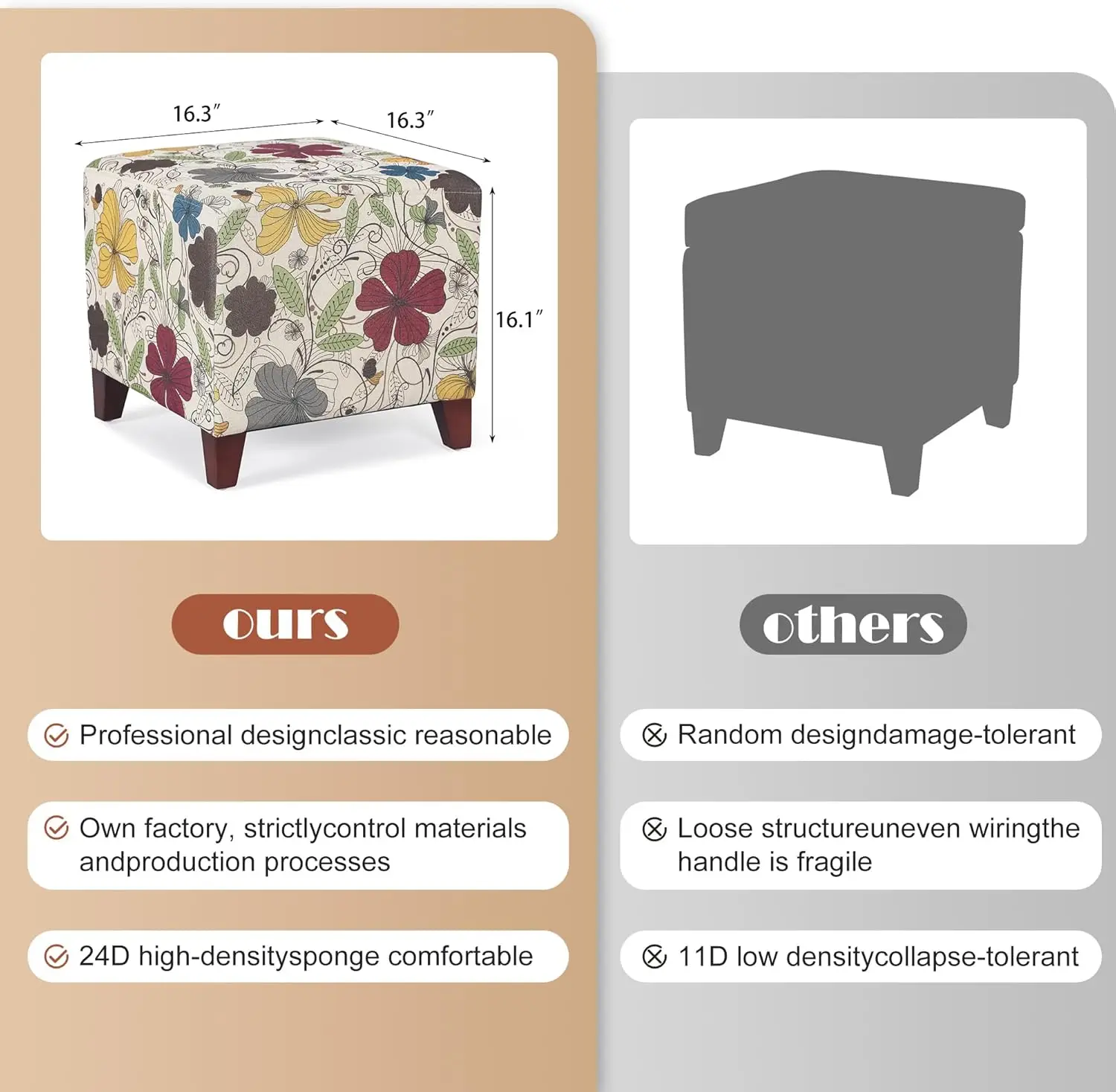 Small Foot Stool Ottoman, 16.3" Linen Cube Ottoman Foot Rest with Wood Legs, Upholstered Ottomans Footstool