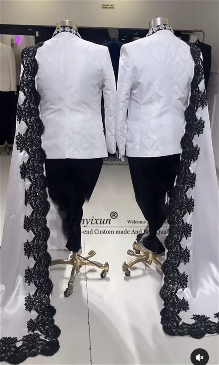 Luxury Shiny Diamond Suits For Men 3 Pieces Groom Wedding Tuxedos Long Cape Formal Customized Male Blazers trajes para hombre 4