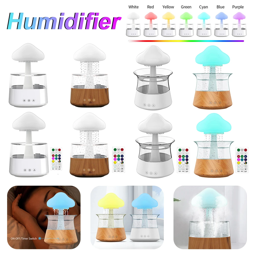 Mushroom Air Humidifier Rain Cloud Night Light Smell Distributor Relax Aromatherapy Lamp Calming