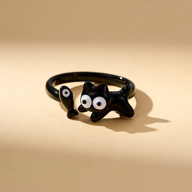 Cute Cat Ring For Women Cartoon Black Kitten And Fish Rings Sweet ...
