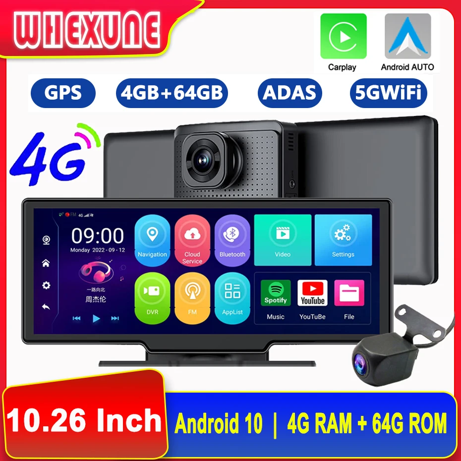 Wireless Carplay Dash Cam 8Core Android 10 4G Auto Car Dvr 4 + 64G Specchietto Retrovisore Videoregistratore Navigazione Gps Wifi Adas Camera