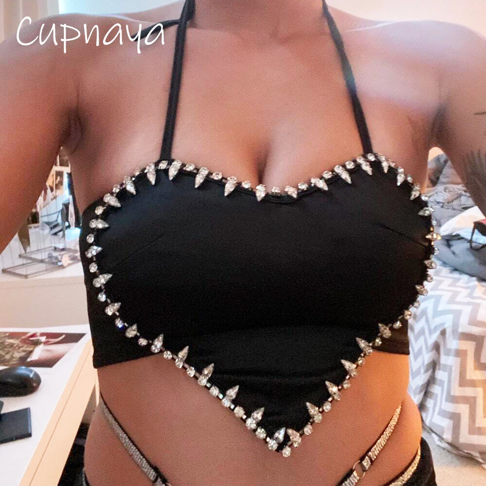 

Cupnaya Rhinestones Heart Shape Women Sexy Punk Super Black Short Crop Top Corset Summer Club DJ Dancer Bustier Without Bra Pad