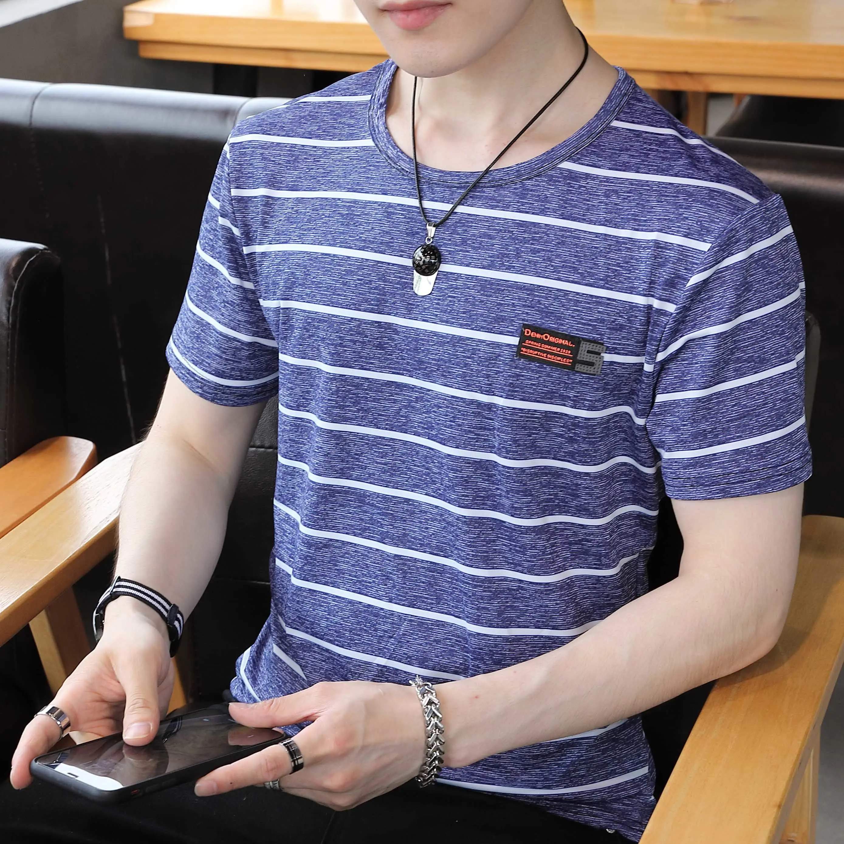 Camiseta para hombre, camiseta roja sin logotipo, camisetas de cuello redondo para hombre, ropa barata a rayas y ropa de calle de verano de moda Harajuku de alta calidad