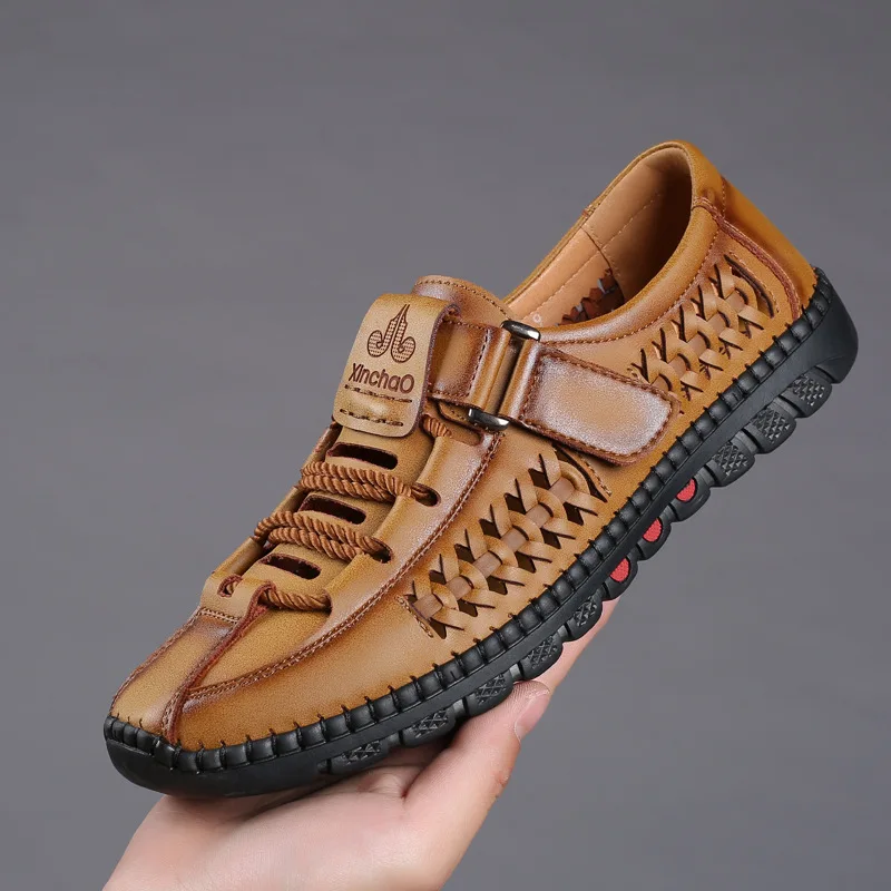 

2023 Men's Leather Sandals Hollow Platform Sandals Handmade Soft Sole Soft Top Male Shoes Non-slip Man Footwear Zapatos Hombre