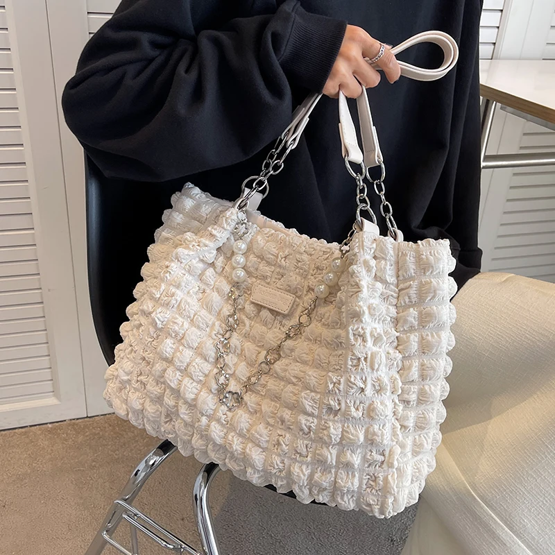 

Pleated design cloth bags for women 2022 new Casual High capacity tote bag beaded Messenger Shoulder bag ladies big Shopper bag