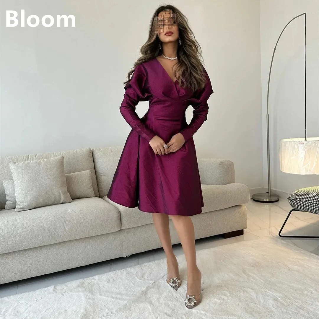 

Elegant Short V-Neck Taffeta Ruffled Women Party Evening Dresses A-Line Muslim Knee Length Pleated فساتين السهرة Prom Gowns