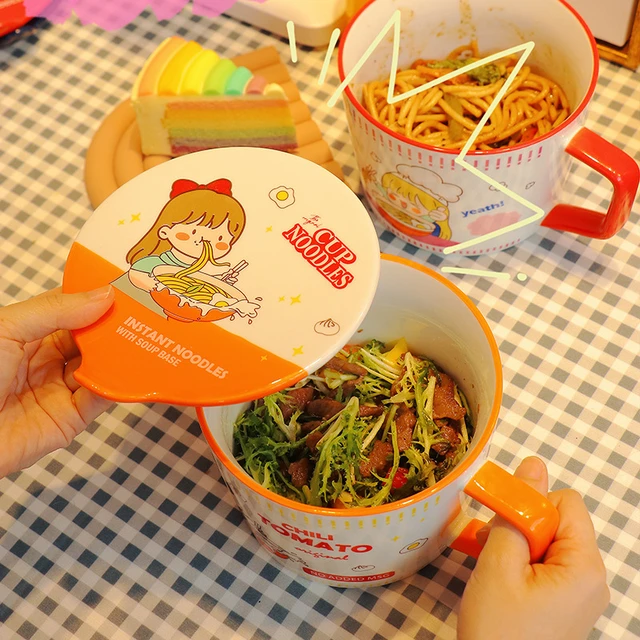 Cartoon Instant Noodle Ramen Bowl With Cover 950ml Salad Bowl