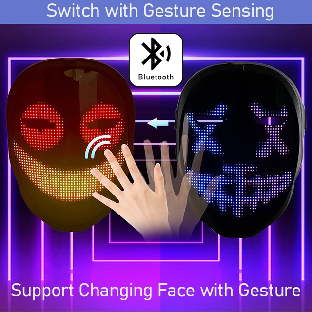 TrendyNow365 Maschera LED Ricaricabile Per Halloween, Con Bluetooth, Programmabile Con Applicazione Shining Mask, Per Cosplay, Feste, Natale, Nero, Taglia Unica - Foto 4