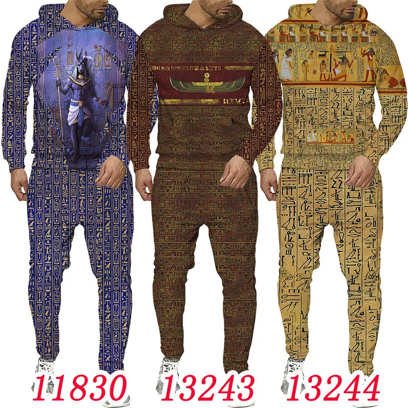 S-6XL Mărime mare 3D Jachetă pentru bărbați cu imprimeu egiptean Hanorac cu pantaloni Set Trening pentru bărbați Iarnă și toamnă Sport Umăr bărbătesc_voghion.com