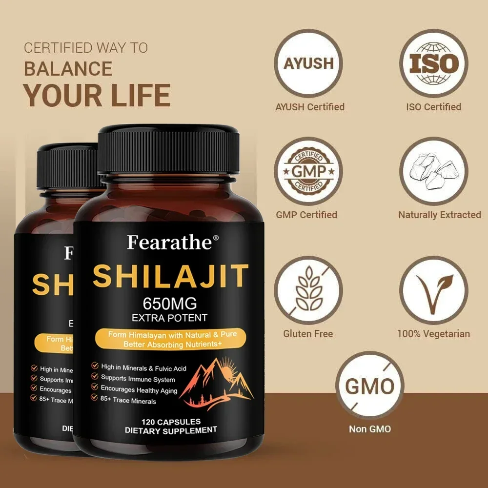 Natural Shilajit Supplement-Vegetarian Capsules for Immunity, Energy, Digestion, Metabolism, Bones and Muscles