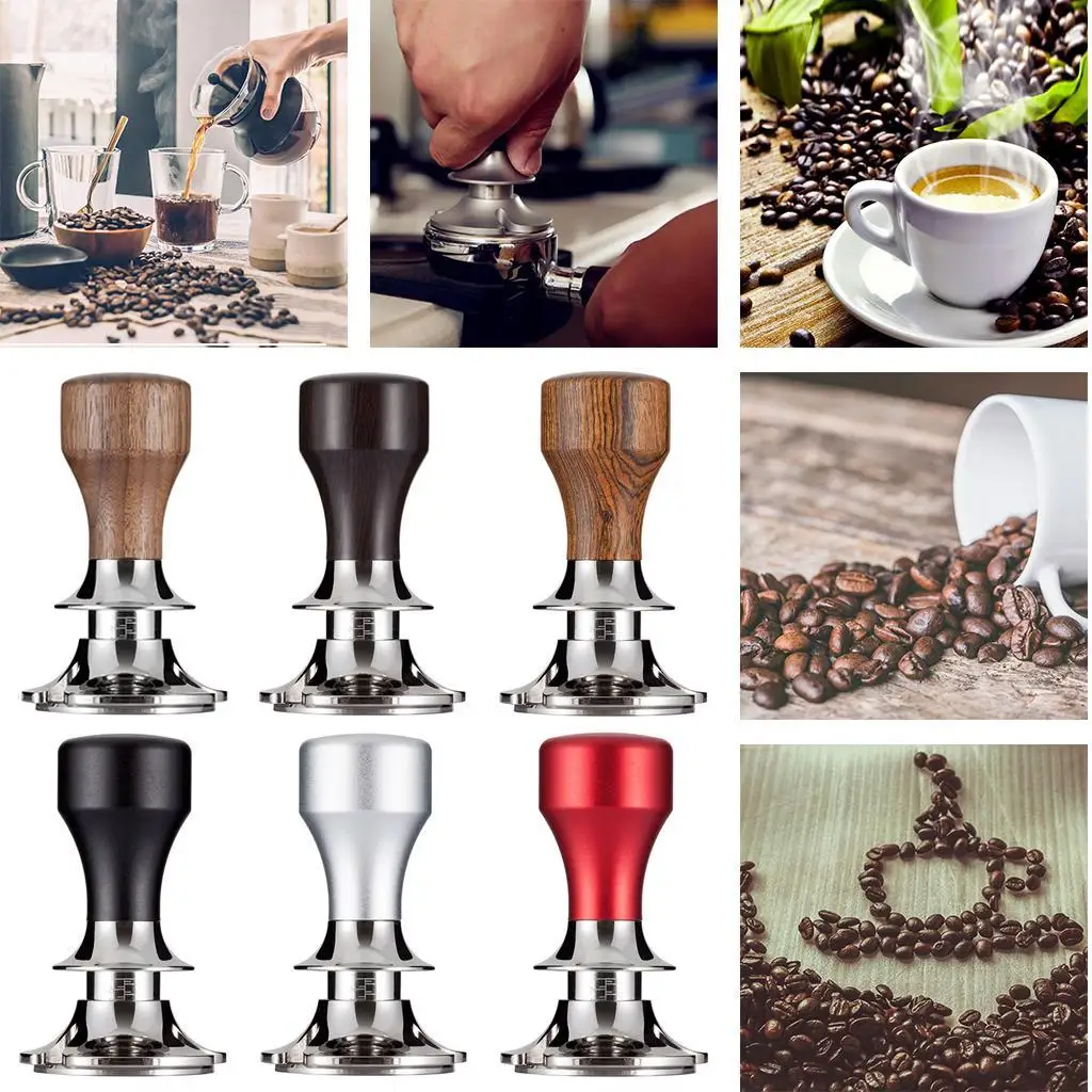 58mm Coffee Tamper Elasticity Adjustable Stainless Steel Flat Base Solid Wood Handle Pressure