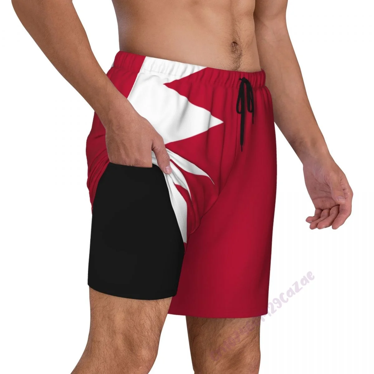 

Bahrain Flag 3D Mens Swimming Trunks With Compression Liner 2 in 1 Quick-Dry Summer Swim Shorts With Pockets