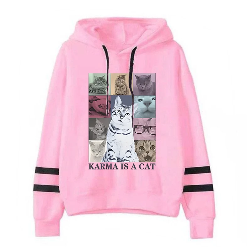 Karma Is A Cat 그래픽 후드티 남녀공용, 빈티지 클래식 스트리트 스타일 스웻셔츠, 재미 있고 귀여운 고양이 애호가 패션 캐주얼 후드티